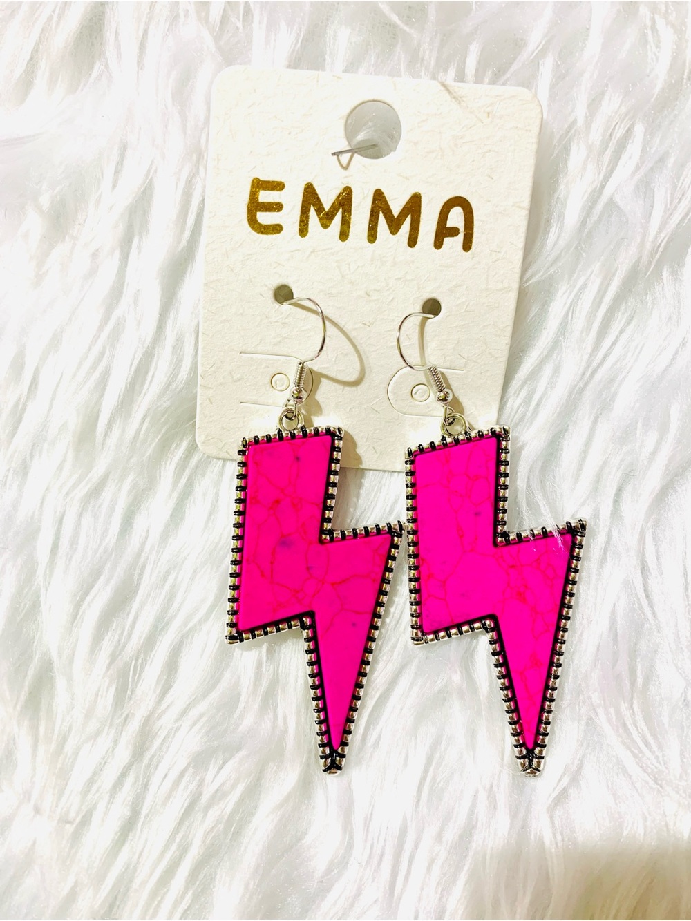Emma Hot Pink Lightning Bolt Earrings Band Rock and Roll Fish Hook